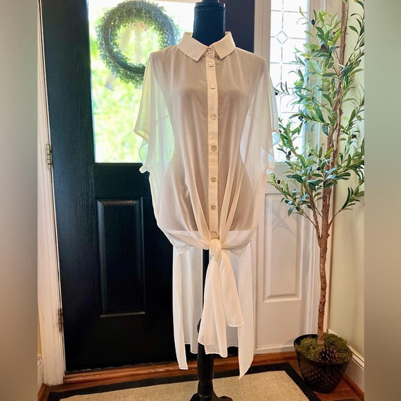 Chico's by Marla Wynne Chiffon Ivory Long Tie-Front Tunic/Duster Size M EUC - Picture 8 of 12